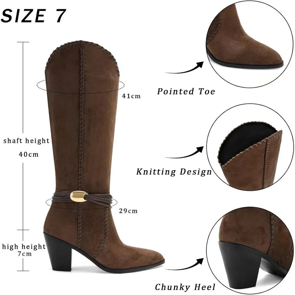 Women's Chocolate Suede Cowboy Pointed Toe Knee High Chunky Stylish Comfort Heel